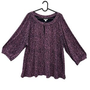 J. Jill Blouse Size XL Pink Navy Floral 3/4 Stretch Sleeve Smocked Keyhole